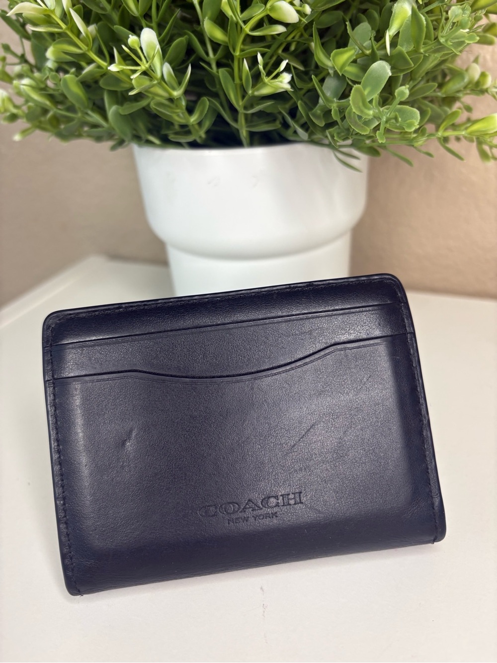 Coach New York Black/Navy Leather Card Case Slim Wallet